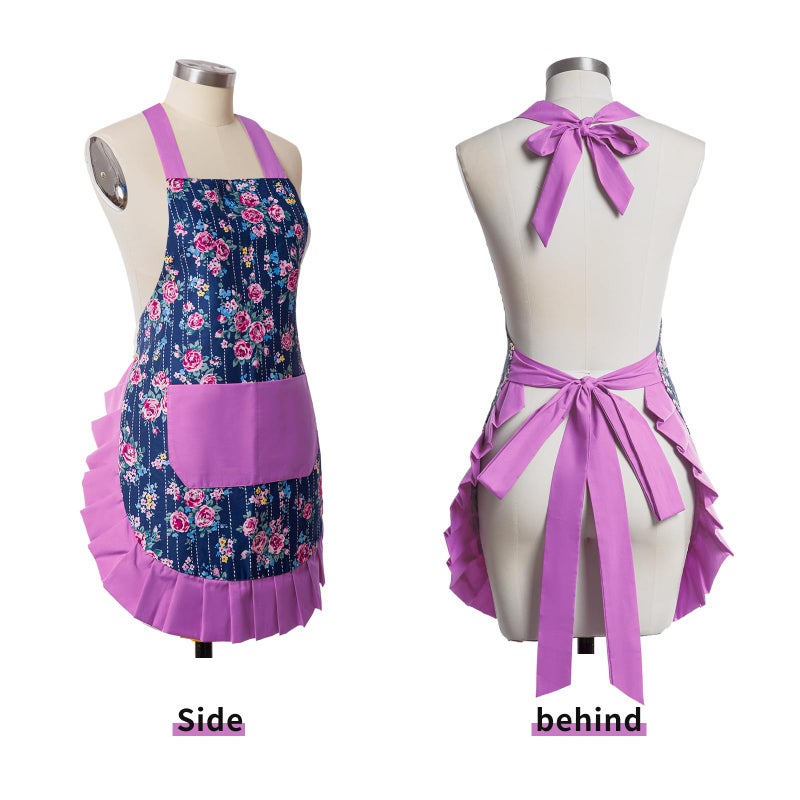 Alex Virtue Vintage Floral Apron for Women with Functional Pockets Adjustable Neck Strap for Cooking Baking Mother's Gift (Purple) - Image 2