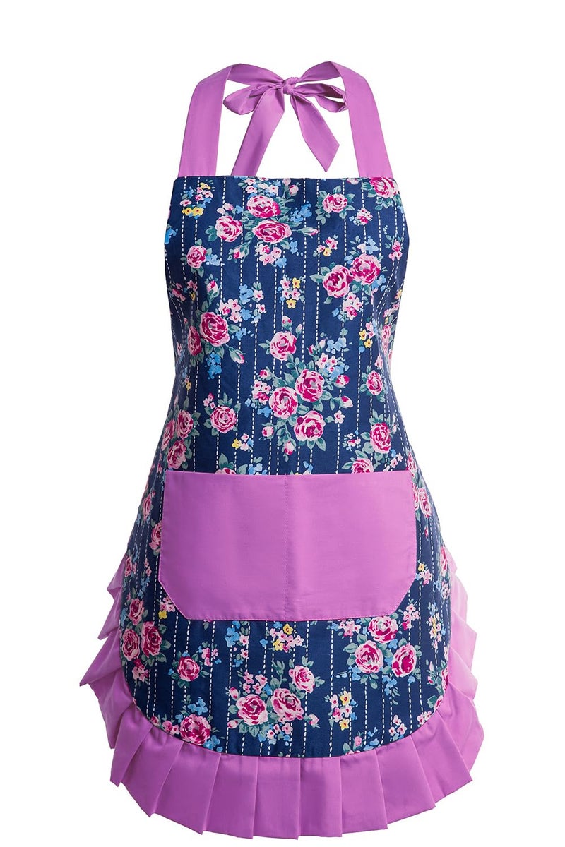 Alex Virtue Vintage Floral Apron for Women with Functional Pockets Adjustable Neck Strap for Cooking Baking Mother's Gift (Purple) - Image 1