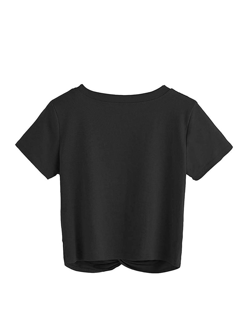 MakeMeChic Women's Summer Crop Top Solid Short Sleeve Twist Front Tee T-Shirt Black L - Image 2