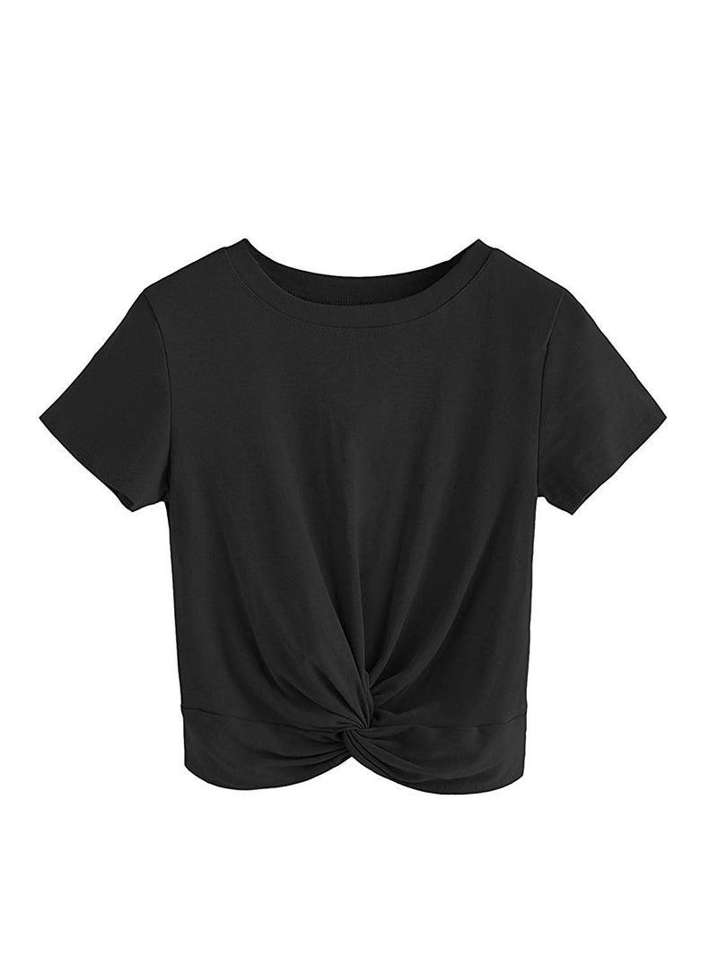 MakeMeChic Women's Summer Crop Top Solid Short Sleeve Twist Front Tee T-Shirt Black L - Image 5