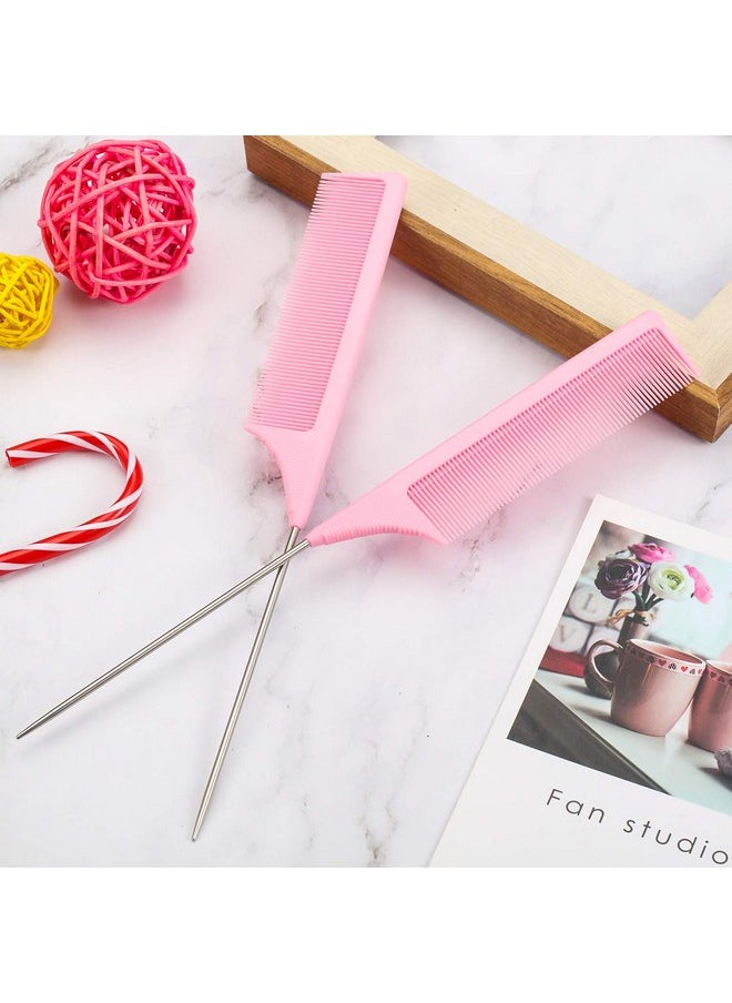 Leinuosen 3 Packs Rat Tail Comb Steel Pin Rat Tail Carbon Fiber Heat Resistant Teasing Combs With Stainless Steel Pintail (Pink)  - Image 3