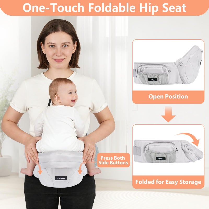 HKAI Baby Hip Carrier,Baby Carrier with Adjustable Waistband & Breathable Mesh, Ergonomic Carrier with Non-Slip Hip Seat Surface for Newborns & Toddlers (Light Grey) - Image 5