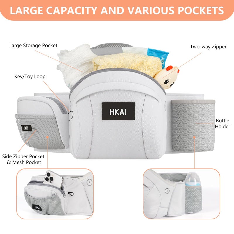 HKAI Baby Hip Carrier,Baby Carrier with Adjustable Waistband & Breathable Mesh, Ergonomic Carrier with Non-Slip Hip Seat Surface for Newborns & Toddlers (Light Grey) - Image 2