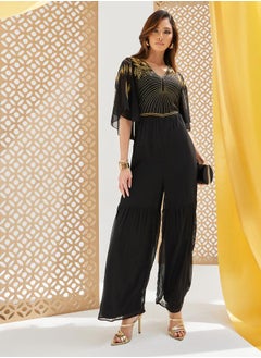 Styli Plisse Wide Leg Embroidered V-Neck Jumpsuit  - Image 1
