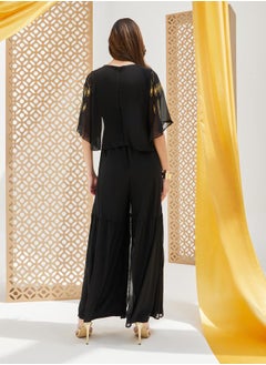 Styli Plisse Wide Leg Embroidered V-Neck Jumpsuit  - Image 5
