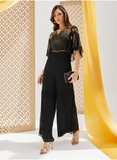 Styli Plisse Wide Leg Embroidered V-Neck Jumpsuit  - Image 2
