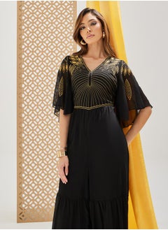 Styli Plisse Wide Leg Embroidered V-Neck Jumpsuit  - Image 3