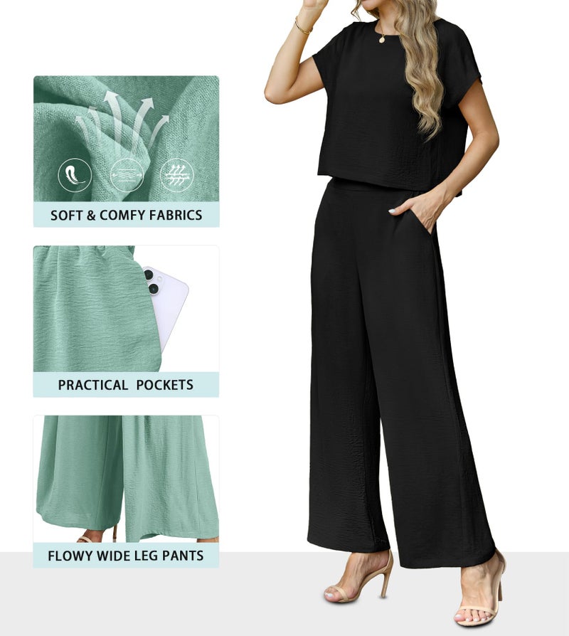Lepunuo Summer 2 Piece Outfits for Women Cozy Cap Sleeve Crop Top Wide Leg Pants Set Matching Vacation Travel Beach Lounge Set - Image 2