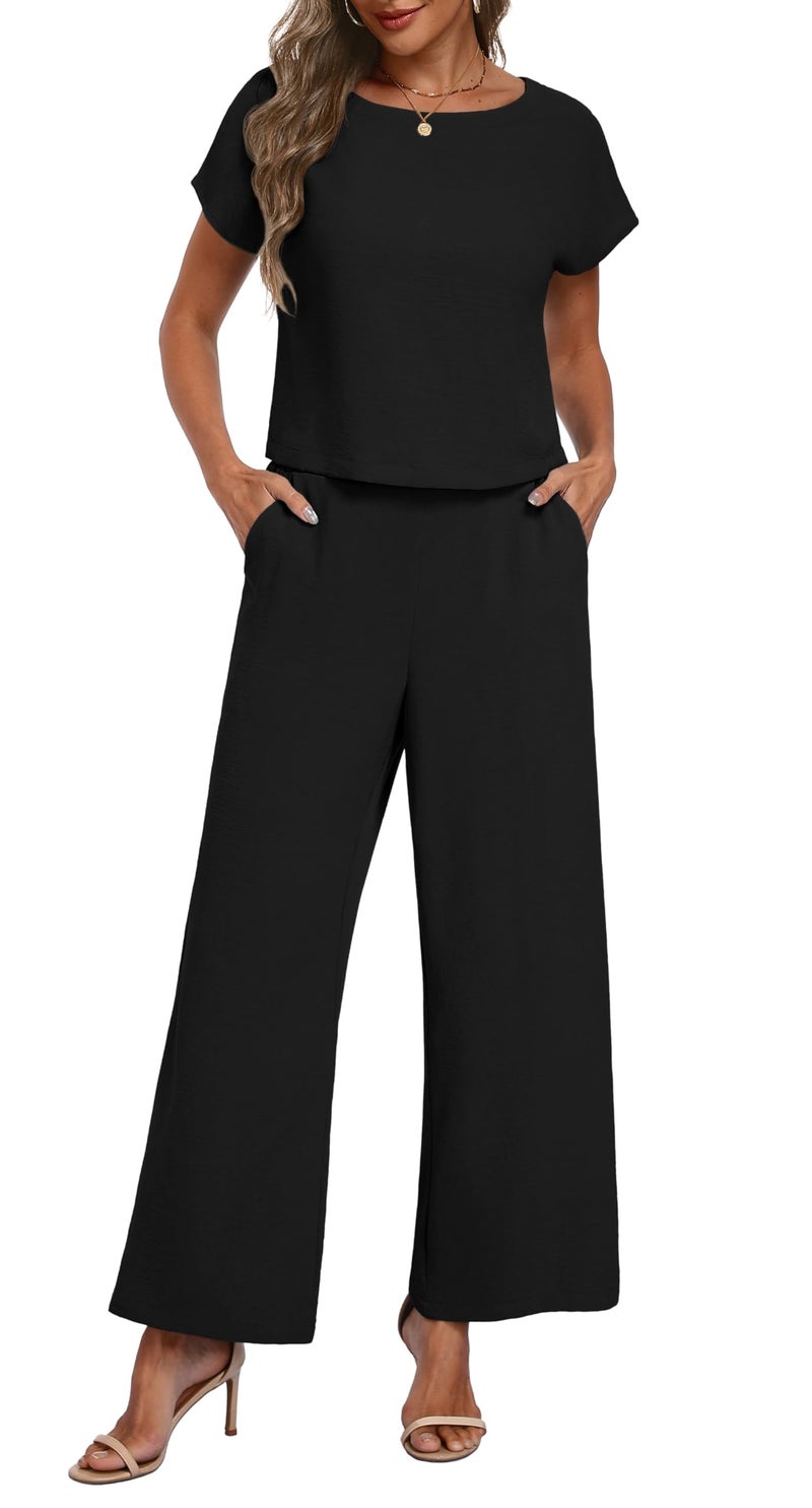 Lepunuo Summer 2 Piece Outfits for Women Cozy Cap Sleeve Crop Top Wide Leg Pants Set Matching Vacation Travel Beach Lounge Set - Image 1