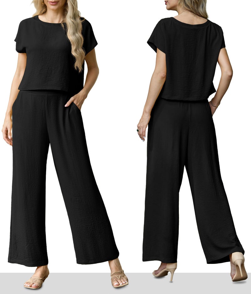 Lepunuo Summer 2 Piece Outfits for Women Cozy Cap Sleeve Crop Top Wide Leg Pants Set Matching Vacation Travel Beach Lounge Set - Image 4