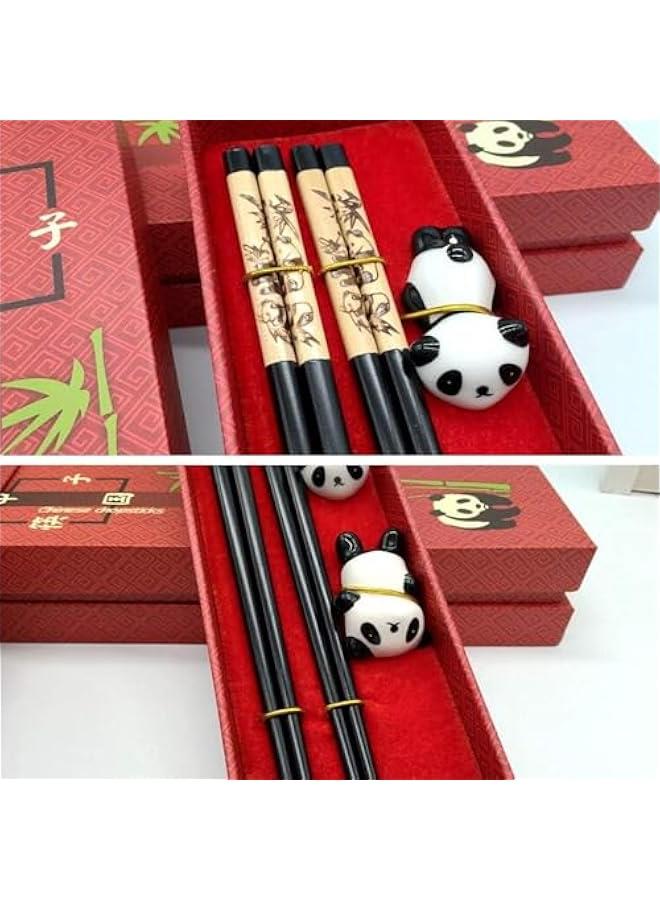 Chopsticks and Chopsticks Panda Holder,2 Pairs Reusable Chopsticks with Delicate box, Washable and Dishwasher Safe, Natural Wooden Chinese Japanese Korean Classic Stylish Easy To Use Non-Slip
