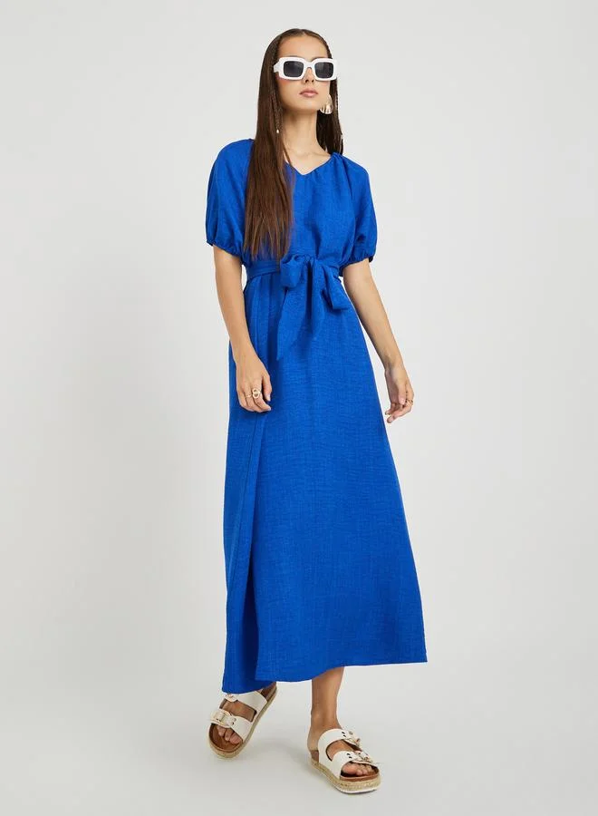 تايك تو Take Two Solid Puff Sleeve V-Neck Midi Dress