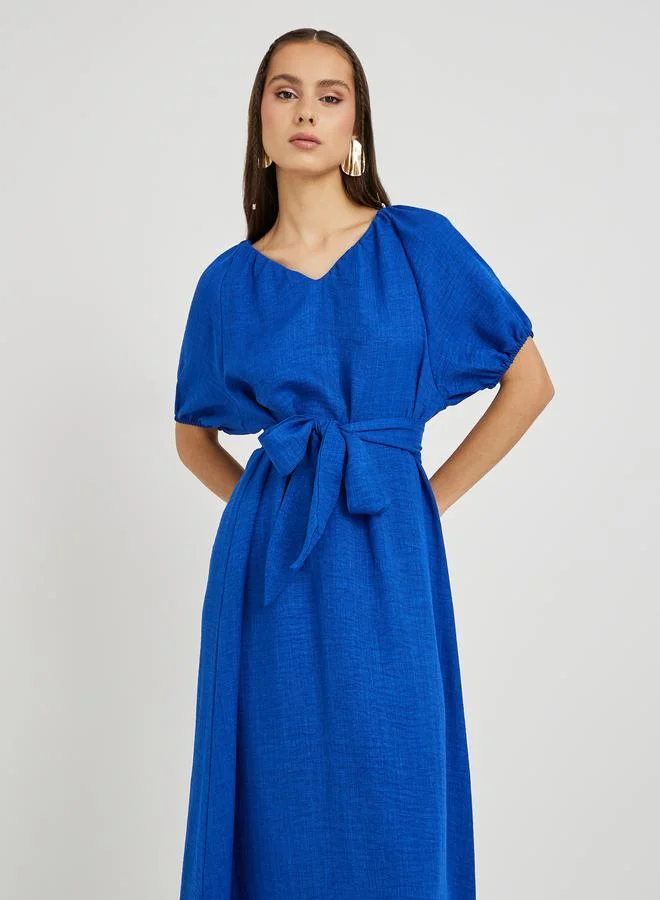 تايك تو Take Two Solid Puff Sleeve V-Neck Midi Dress