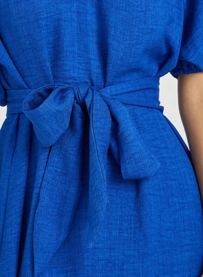 Take Two Take Two Solid Puff Sleeve V-Neck Midi Dress