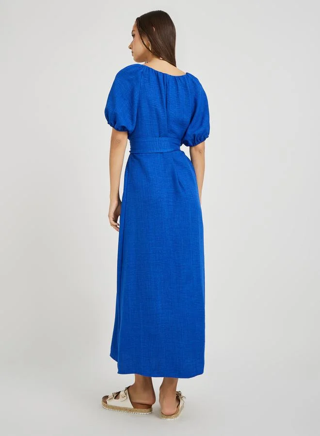 Take Two Take Two Solid Puff Sleeve V-Neck Midi Dress