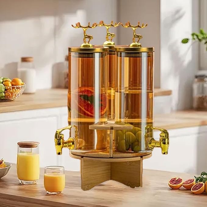 AZLVERA Rotating Glass Beverage Dispenser Set with Stand, 3 Cylinders with Golden Taps, Wooden Base and Decorative Lids Beverage Storage with Stand for Daily Use Wedding Bar Juice Iced Tea - Image 2