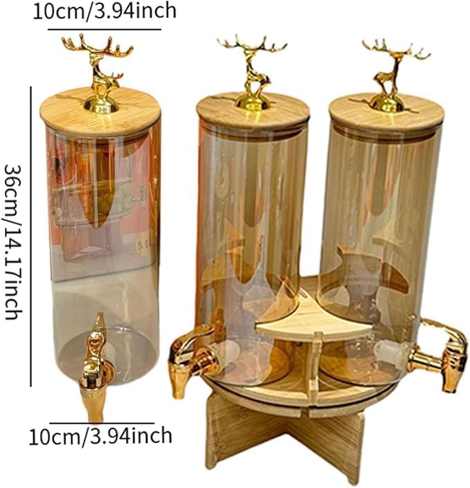 AZLVERA Rotating Glass Beverage Dispenser Set with Stand, 3 Cylinders with Golden Taps, Wooden Base and Decorative Lids Beverage Storage with Stand for Daily Use Wedding Bar Juice Iced Tea - Image 4