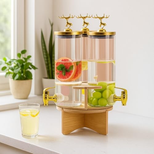 AZLVERA Rotating Glass Beverage Dispenser Set with Stand, 3 Cylinders with Golden Taps, Wooden Base and Decorative Lids Beverage Storage with Stand for Daily Use Wedding Bar Juice Iced Tea - Image 1