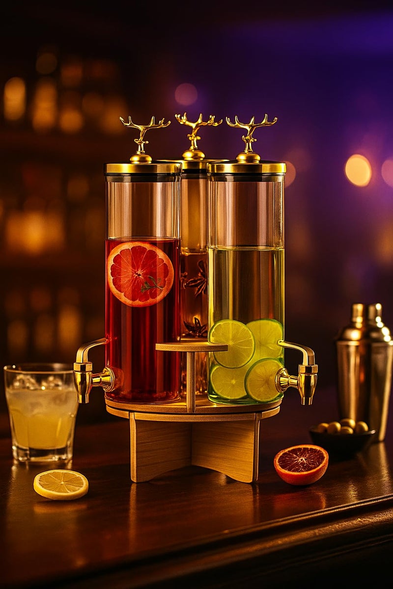 AZLVERA Rotating Glass Beverage Dispenser Set with Stand, 3 Cylinders with Golden Taps, Wooden Base and Decorative Lids Beverage Storage with Stand for Daily Use Wedding Bar Juice Iced Tea - Image 3