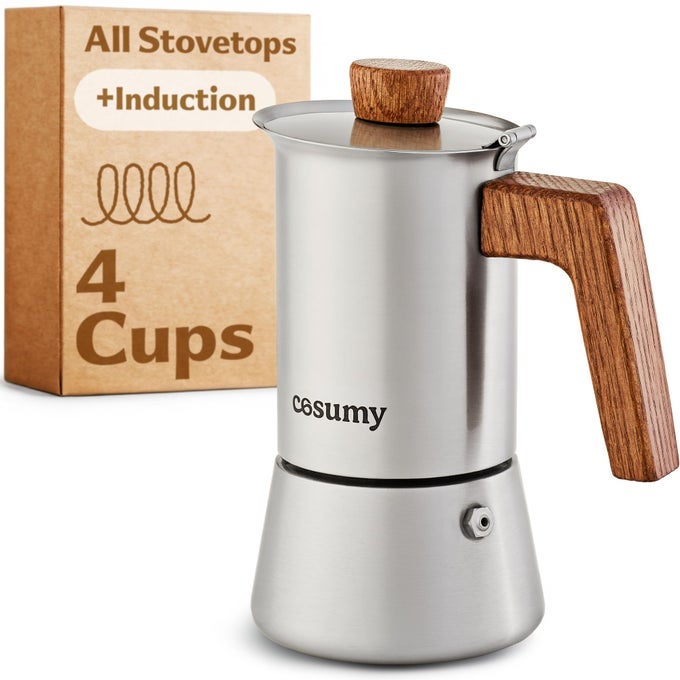 ESPRESSO MAKER MOKA POT 4 CUPS 200ML INDUCTIONSAFE STAINLESS STEEL FOR ALL HOBS FSC WOOD
