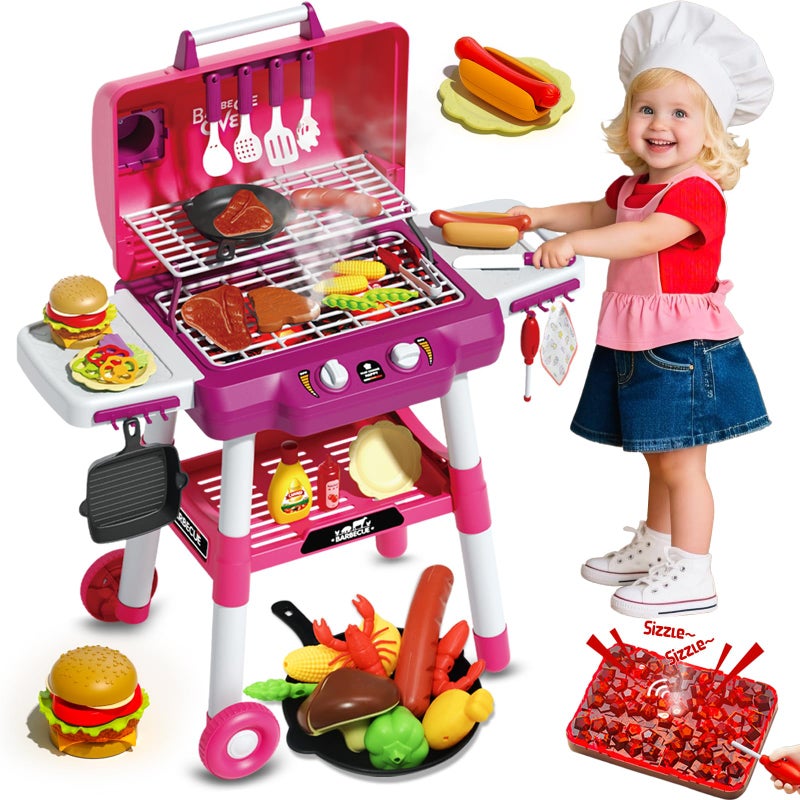 Kimicare Kid Toy Grill BBQ Grill Playset with Light Sound Smoke Effect and 2 Wheels Pretend Food Little Chef Play Kitchen Accessories Christmas Birthday Gifts for Boys Girls Ages 3 4 5 6 7 8 - Image 3