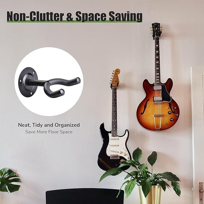 TechBlaze Universal Guitar Hanger Hook Holder Wall Mount Display with Metal Body Bracket with Mounting Screws Guitar Stand for Bass Electric Acoustic Guitar Mandolin Banjo etc-Black (Pack of 2) - Image 2