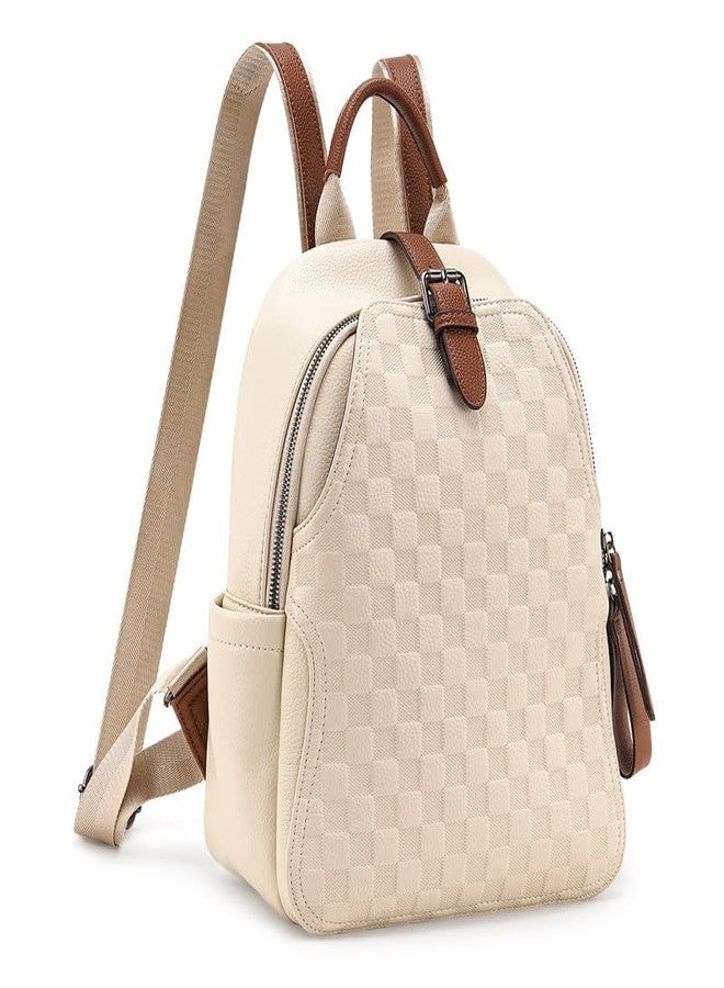 Caitina Small Backpack Purse for Women Cute PU Leather Backpack Plaid Backpack for Women Travel & Work White - Image 1