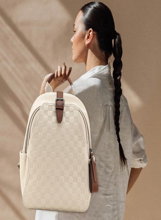 Caitina Small Backpack Purse for Women Cute PU Leather Backpack Plaid Backpack for Women Travel & Work White - Image 2