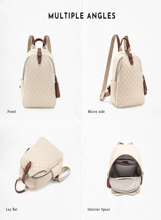 Caitina Small Backpack Purse for Women Cute PU Leather Backpack Plaid Backpack for Women Travel & Work White - Image 4