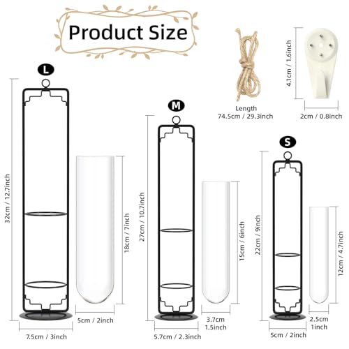 MIPON Metal Hanging Plant Propagation Station,3 Size Glass Test Tube Hydroponic Planter,Boho Wall Hanging Plant Cuttings Holder,Indoor Water Plant Terrarium Tubes for Home Office Window Decor-Black - Image 2