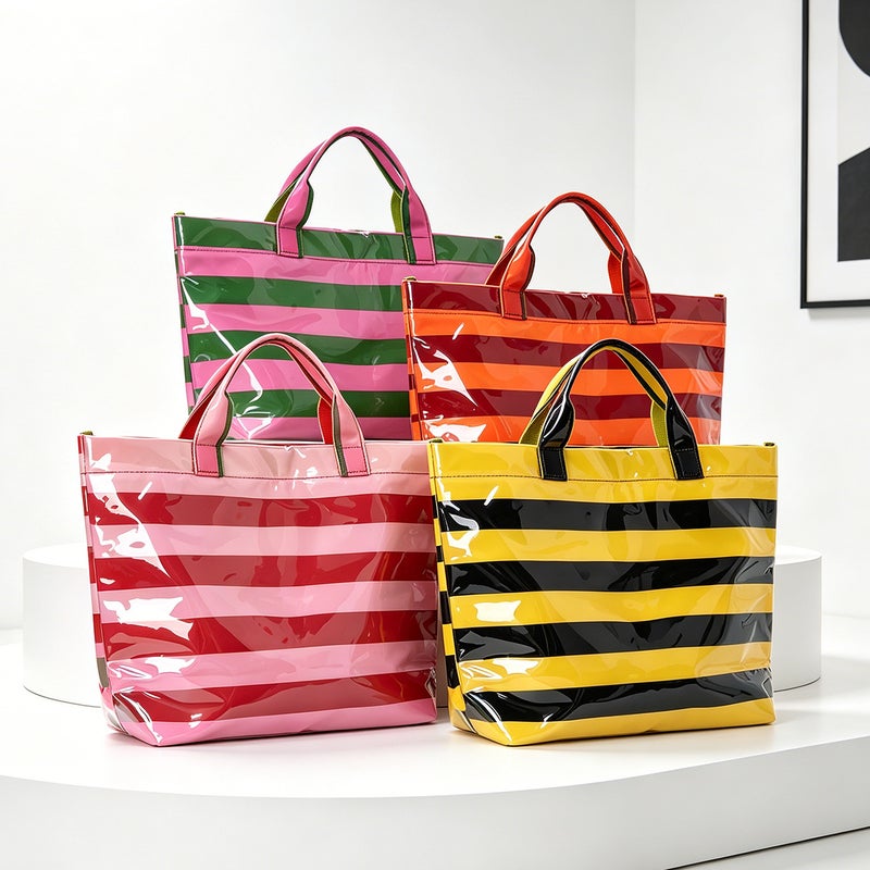 2026 PVC Striped Tote Bag Large Capacity Casual Travel Beach Bag - Image 2