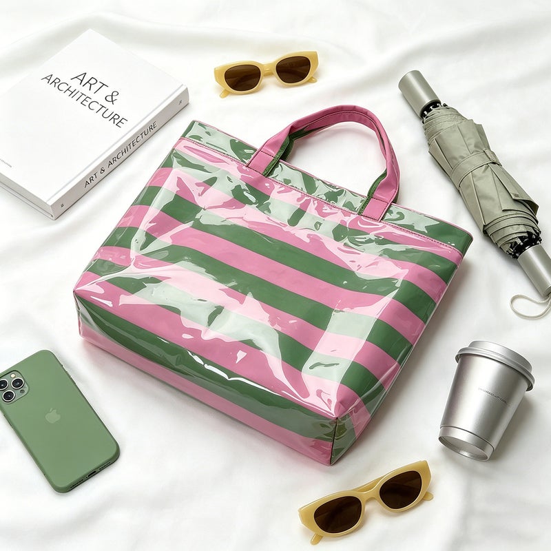 2026 PVC Striped Tote Bag Large Capacity Casual Travel Beach Bag - Image 3