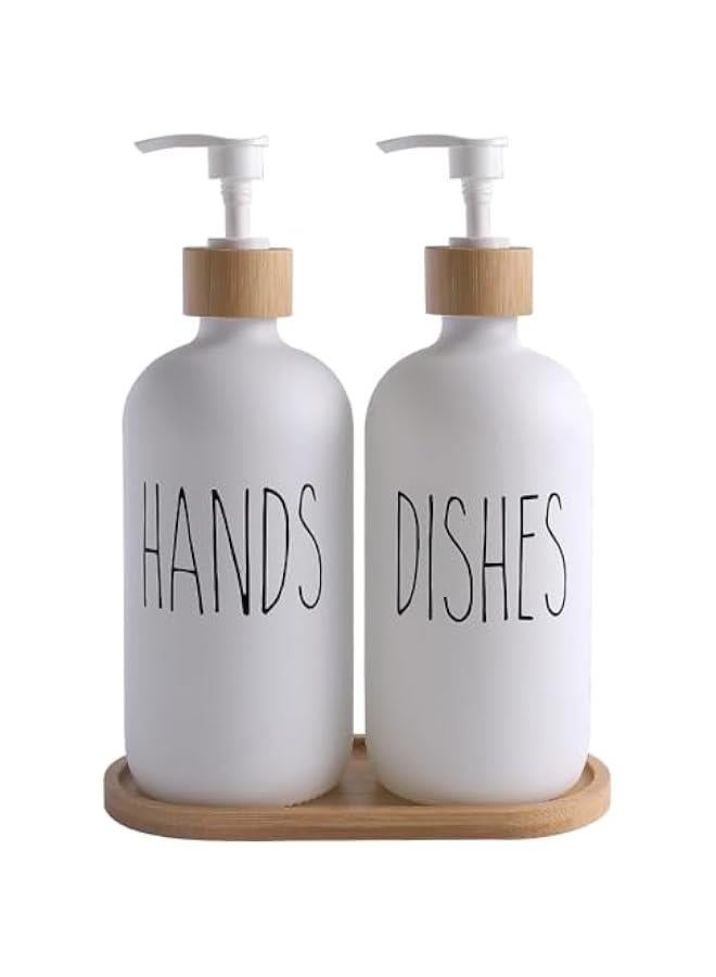 هوكور مجموعة موزع صابون زجاجي غير لامع من توريسيك - موزعات صابون لليدين والاطباق مناسبة لديكور المطبخ الريفي (ابيض عالي الدقة وصينية) - Image 1