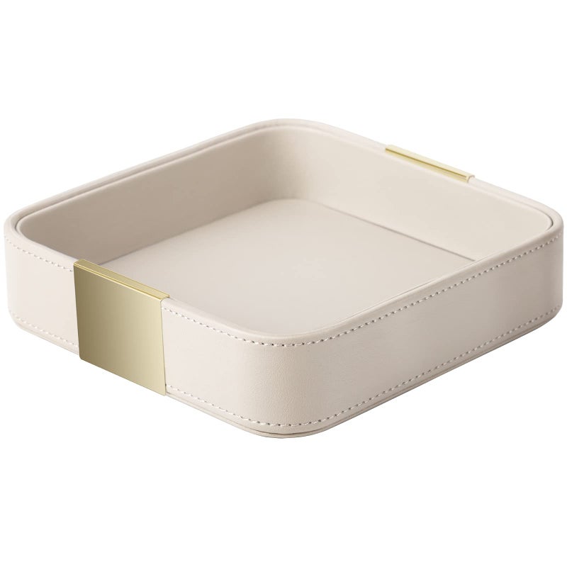 SANZIE SANZIE Luxury Leather Desktop Storage Small Catchall Organizer Decorative Tray for Entryway Table to Hold Jewelry Watch Cosmetics Keys Phone Wallet Home  Office Accessories Metal Glided Grey