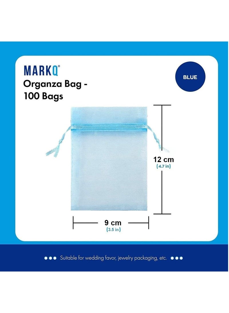 MARKQ 100 Pieces Organza Bags with Drawstrings | 9 X 12 cm Organza Bags for Jewelry Pouches, Candies and Wedding Party | Eid Christmas Bags for Gifts | Organza Gift Bags | Goody Bags (Light Blue) - Image 2