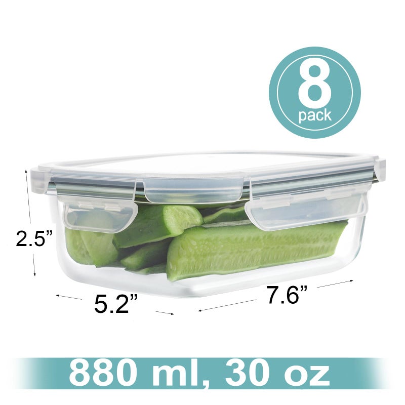 HOMBERKING 30oz 8 Pack Glass Meal Prep Containers with Lids, Food Storage Airtight Bento Boxes with Leak Proof Locking for Microwave, Oven, Freezer and Dishwasher (8 lids & 8 Containers) - Image 2