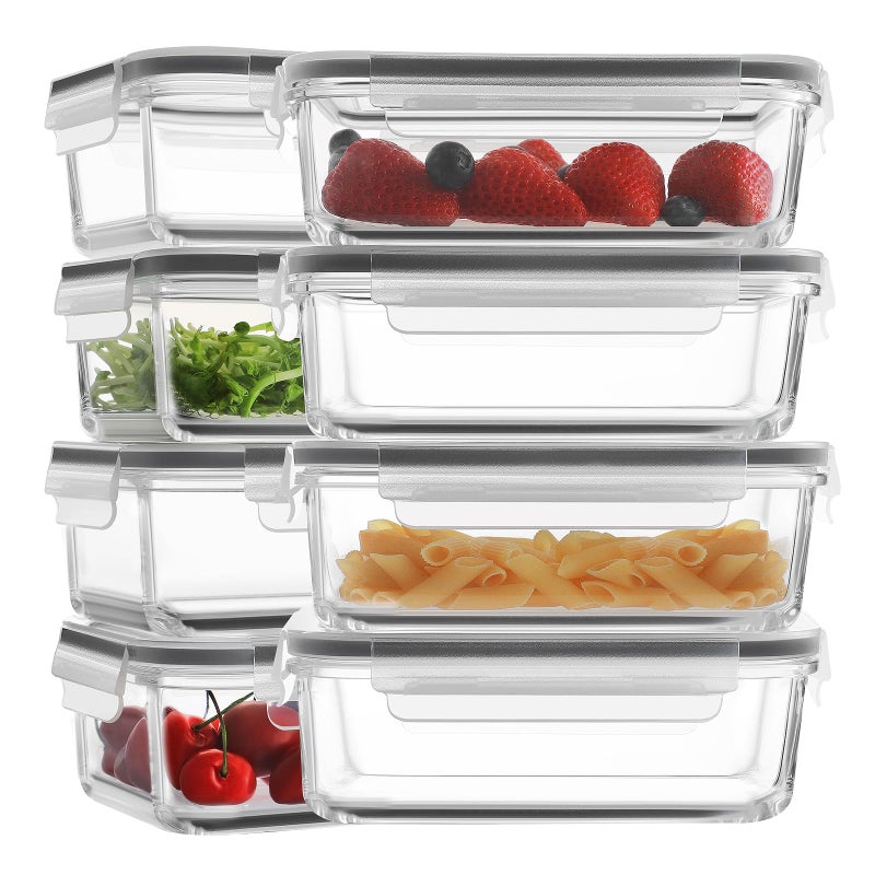 HOMBERKING 30oz 8 Pack Glass Meal Prep Containers with Lids, Food Storage Airtight Bento Boxes with Leak Proof Locking for Microwave, Oven, Freezer and Dishwasher (8 lids & 8 Containers) - Image 1