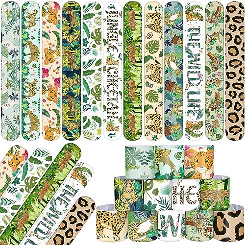 Lcnjscgo 48 PCS Jungle Cheetah Slap Bracelets Cheetah Party Favors Cartoon Jungle Animals Party Wristbands for Kids Boys Girls Safari Leopard Party Supplies Birthday Party Baby Shower Carnival Prizes Gifts - Image 1