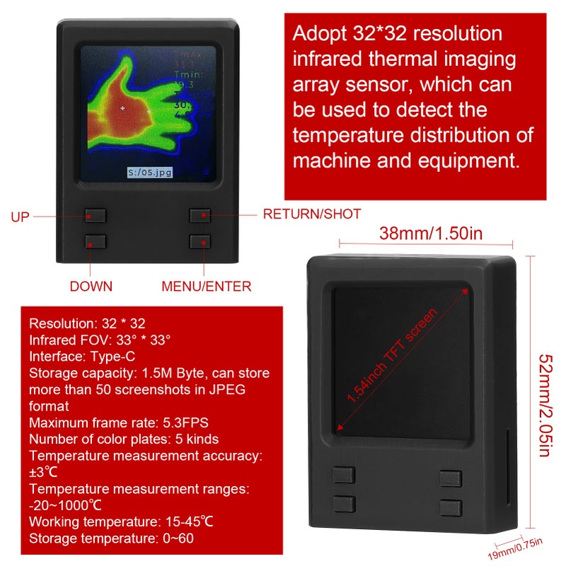 Thermal Imaging Camera: 32*32 Resolution Infrared Sensor, 5 Color Palettes - Adjustable Emissivity, WiFi Connectivity for Equipment Maintenance, Home Inspection & Industrial Use - Image 2