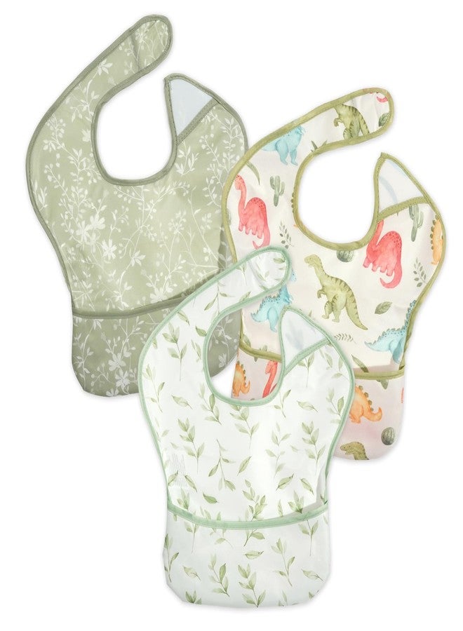 CoolaPeach 3-Pack Waterproof Baby Bibs Essential Must Have for Eating - Lightweight Toddler Feeding Bibs with Large Food Catcher, Mess Proof, Food-Grade Baby Eating Essentials (Dinosaur and Leaves) - Image 1