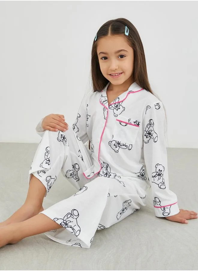 Styli Styli Printed Buttoned Shirt and Pyjama Set
