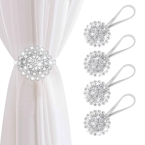 AULEEP Magnetic Curtain Tiebacks, 4 Pack Magnetic Crystal Decorative Drapes Curtain Clips Buckle, Flower Curtain Tie Back, European and American Style (Silver) - Image 1
