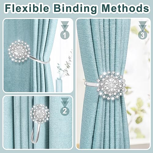 AULEEP Magnetic Curtain Tiebacks, 4 Pack Magnetic Crystal Decorative Drapes Curtain Clips Buckle, Flower Curtain Tie Back, European and American Style (Silver) - Image 3