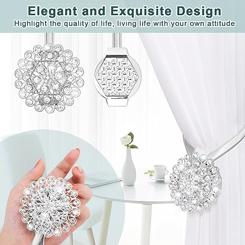 AULEEP Magnetic Curtain Tiebacks, 4 Pack Magnetic Crystal Decorative Drapes Curtain Clips Buckle, Flower Curtain Tie Back, European and American Style (Silver) - Image 5