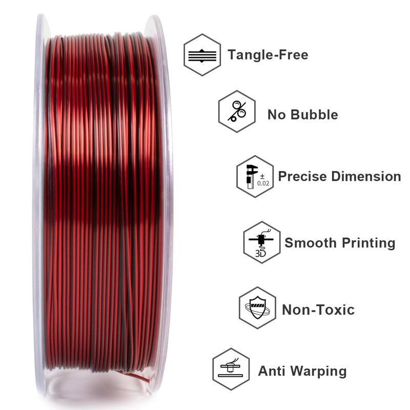 Geeetech Silk PLA Filament 1.75mm Silk Dual Color Filament, Coextrusion Dichromatic Metal-Like Shiny Consumable 1kg (2.2lbs) 1 Spool, Dimensional Accuracy +/- 0.02 mm, Black Red - Image 3