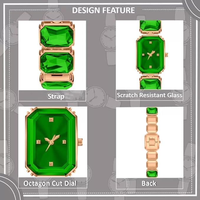 OBLETTER Women's Crystal Bracelet Watch - Octagon Face Gold-Tone Luxury Dress Watch with Colorful Gemstones - Elegant Quartz Timepiece for Ladies - Green - Image 5
