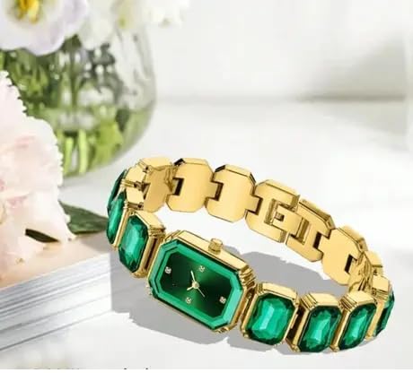 OBLETTER Women's Crystal Bracelet Watch - Octagon Face Gold-Tone Luxury Dress Watch with Colorful Gemstones - Elegant Quartz Timepiece for Ladies - Green - Image 2