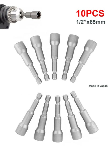 Hex Magnetic Power Socket Adapter Drill Bit Nut Driver Set 1/2X65 mm Hex for Power Tools10 Piece