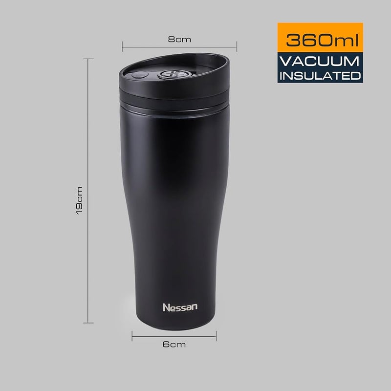 Nessan Insulated Stainless Steel Vacuum Mug, 360ml - Your Perfect Portable Thermal Tumbler for Hot and Cold Beverages Anywhere: Home, Gym, Outdoors, Office, and School - Black - Image 2