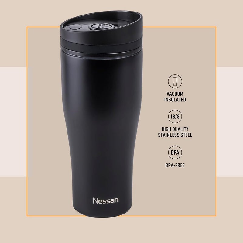 Nessan Insulated Stainless Steel Vacuum Mug, 360ml - Your Perfect Portable Thermal Tumbler for Hot and Cold Beverages Anywhere: Home, Gym, Outdoors, Office, and School - Black - Image 1